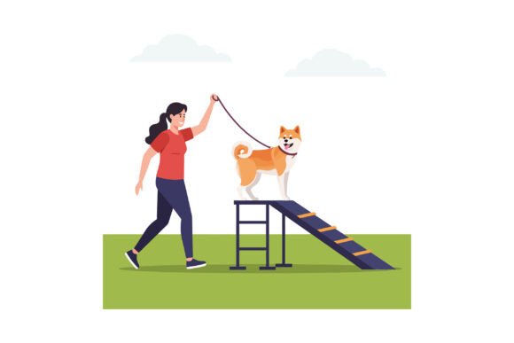 A Woman Guiding Her Dog Up a Ramp