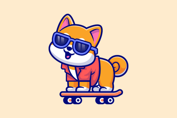 Cute Cool Shiba Inu Dog Play Skateboard