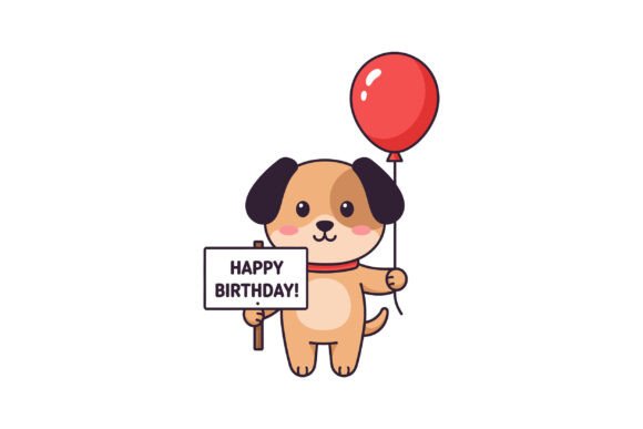 Cute Dog Holding a Birthday Sign and a Red Balloon