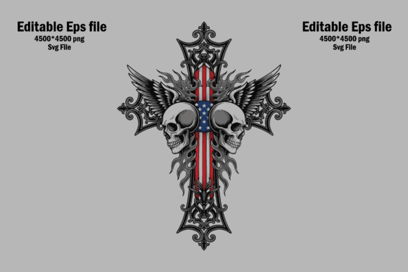Ornate Cross with Skulls and Flag Design